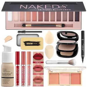 All in One Makeup Kit Full 12 Colors Naked Eyeshadow,2 Color Compact Powder,Liquid Foundation,Lipsticks, Blush,Eyebrow Soap,Winged Eyeliner Stamp,Makeup Gift Set for Women, Teens & Girls(Naked)