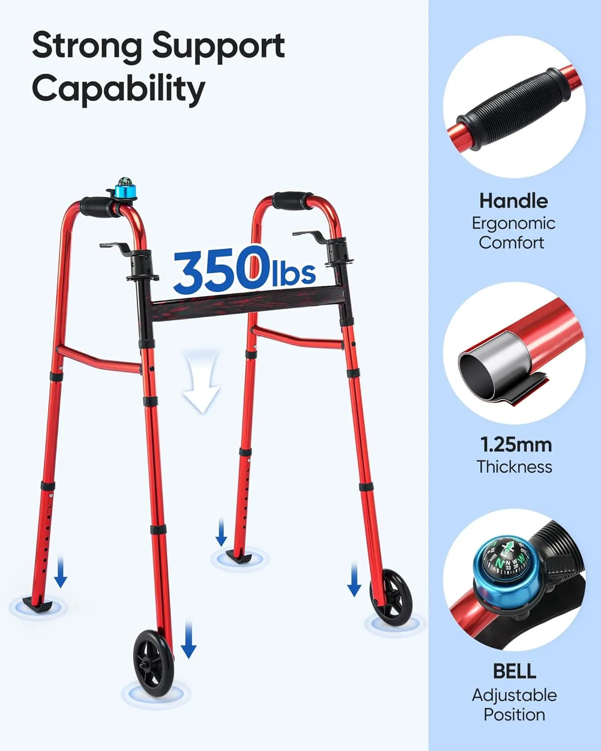 Aluminum Folding Walker for Seniors, Lightweight Support up to 350lbs with Trigger Release and Packing Bag, Only 6.8LBS (Red)
