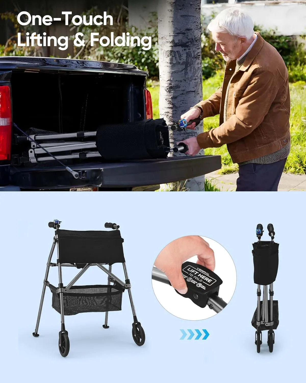 Aluminum Folding Walker for Seniors, Lightweight Support up to 350lbs with Trigger Release and Packing Bag, Only 6.8LBS (Red)