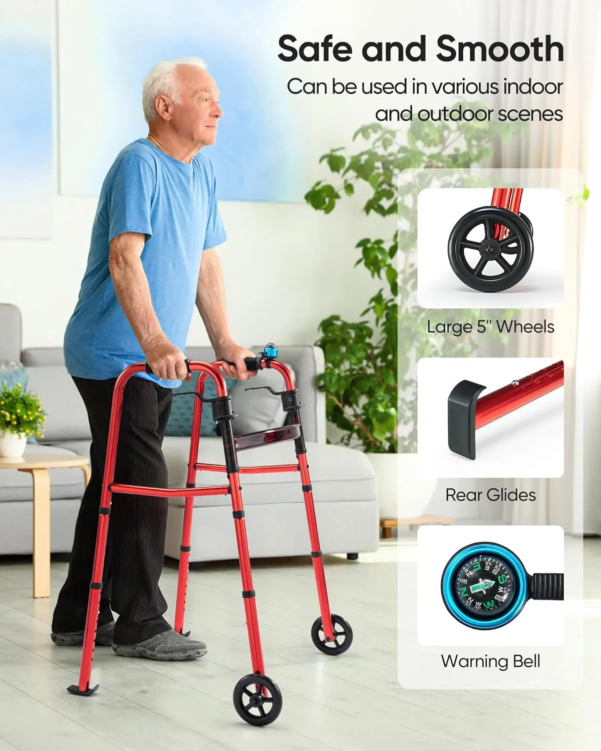 Aluminum Folding Walker for Seniors, Lightweight Support up to 350lbs with Trigger Release and Packing Bag, Only 6.8LBS (Red)