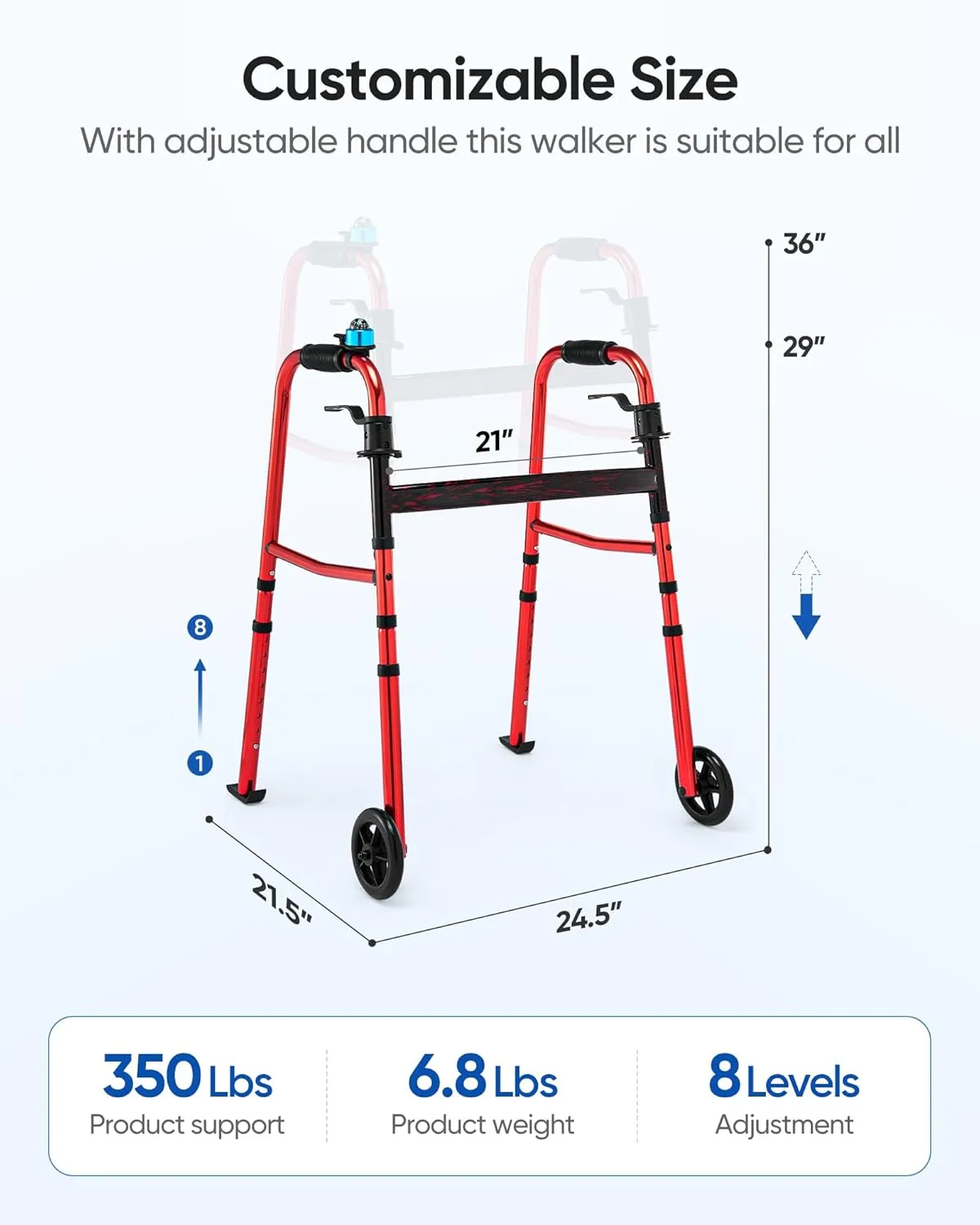 Aluminum Folding Walker for Seniors, Lightweight Support up to 350lbs with Trigger Release and Packing Bag, Only 6.8LBS (Red)