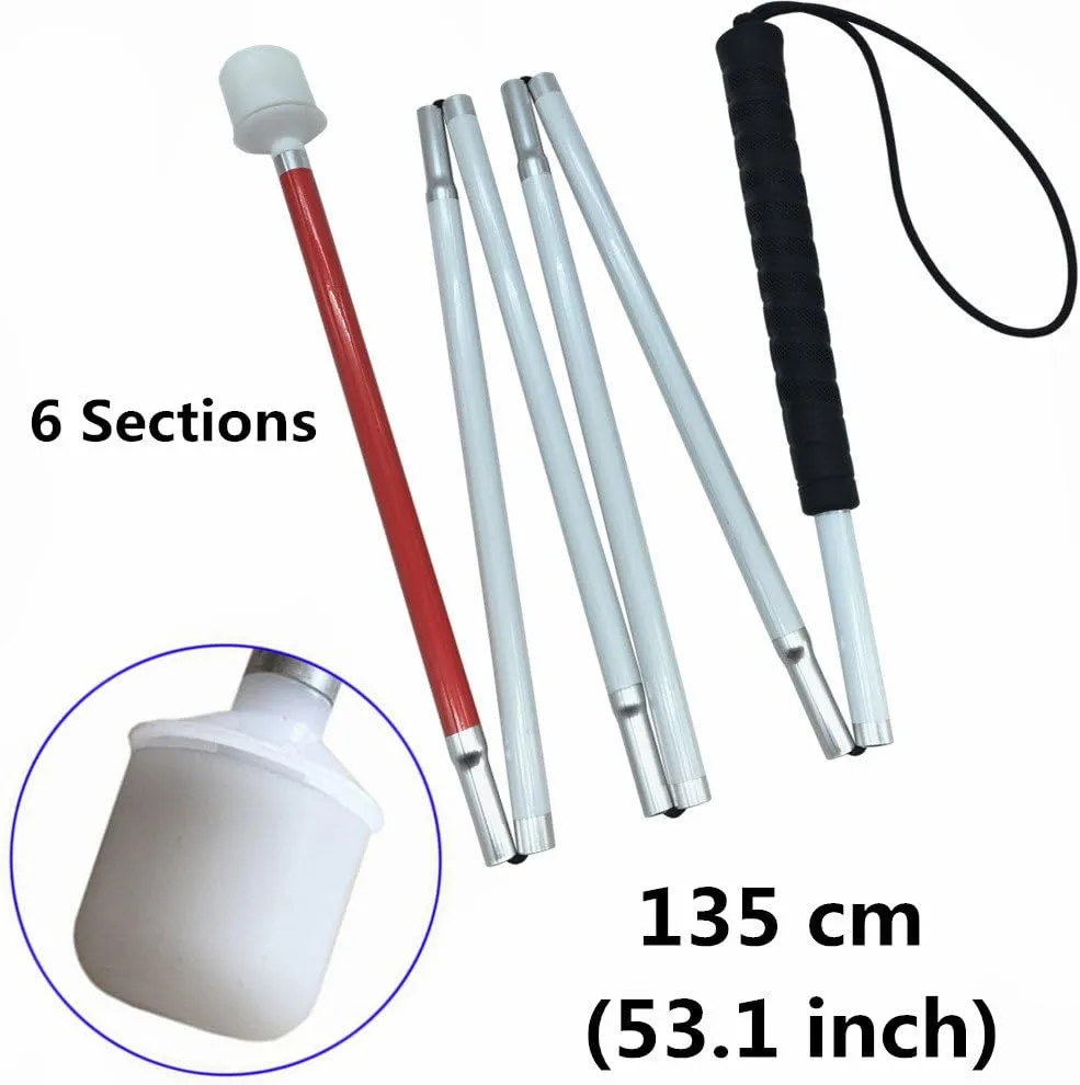 Aluminum Mobility Folding White Cane for Vision Impaired and Blind People (Folds Down 6 Sections) (135cm (53.1inch）, Black Handle)
