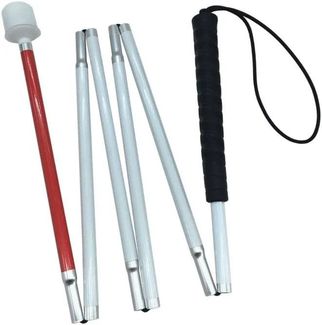 Aluminum Mobility Folding White Cane for Vision Impaired and Blind People (Folds Down 6 Sections) (135cm (53.1inch）, Black Handle)