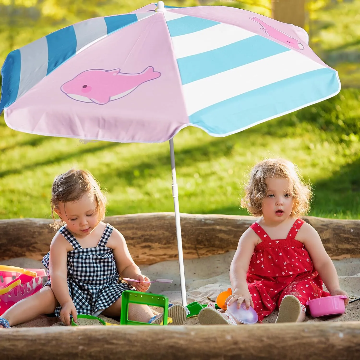 AMMSUN 5ft Seaside Umbrella for Sand Box Water Table - Kids Durable Umbrellas for children Picnic Beach Camping Garden Outdoor Play Shade Pink Dolphin