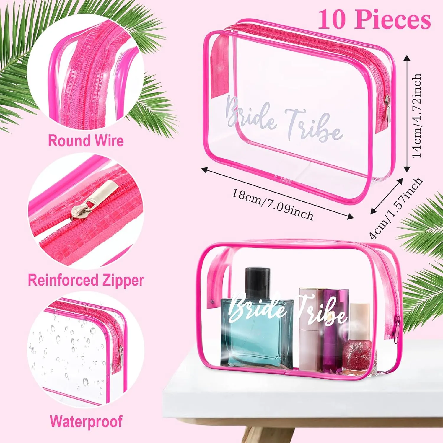 Amylove 10 Pcs Bride Cosmetic Bag Clear Makeup Bags Toiletry Bag Makeup Travel Cosmetic Pouch Clear PVC Bags for Wedding Party Bridesmaid Proposal Bridal Gift (Rose Pink)