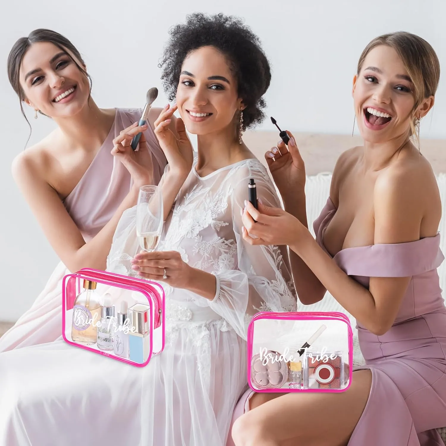 Amylove 10 Pcs Bride Cosmetic Bag Clear Makeup Bags Toiletry Bag Makeup Travel Cosmetic Pouch Clear PVC Bags for Wedding Party Bridesmaid Proposal Bridal Gift (Rose Pink)
