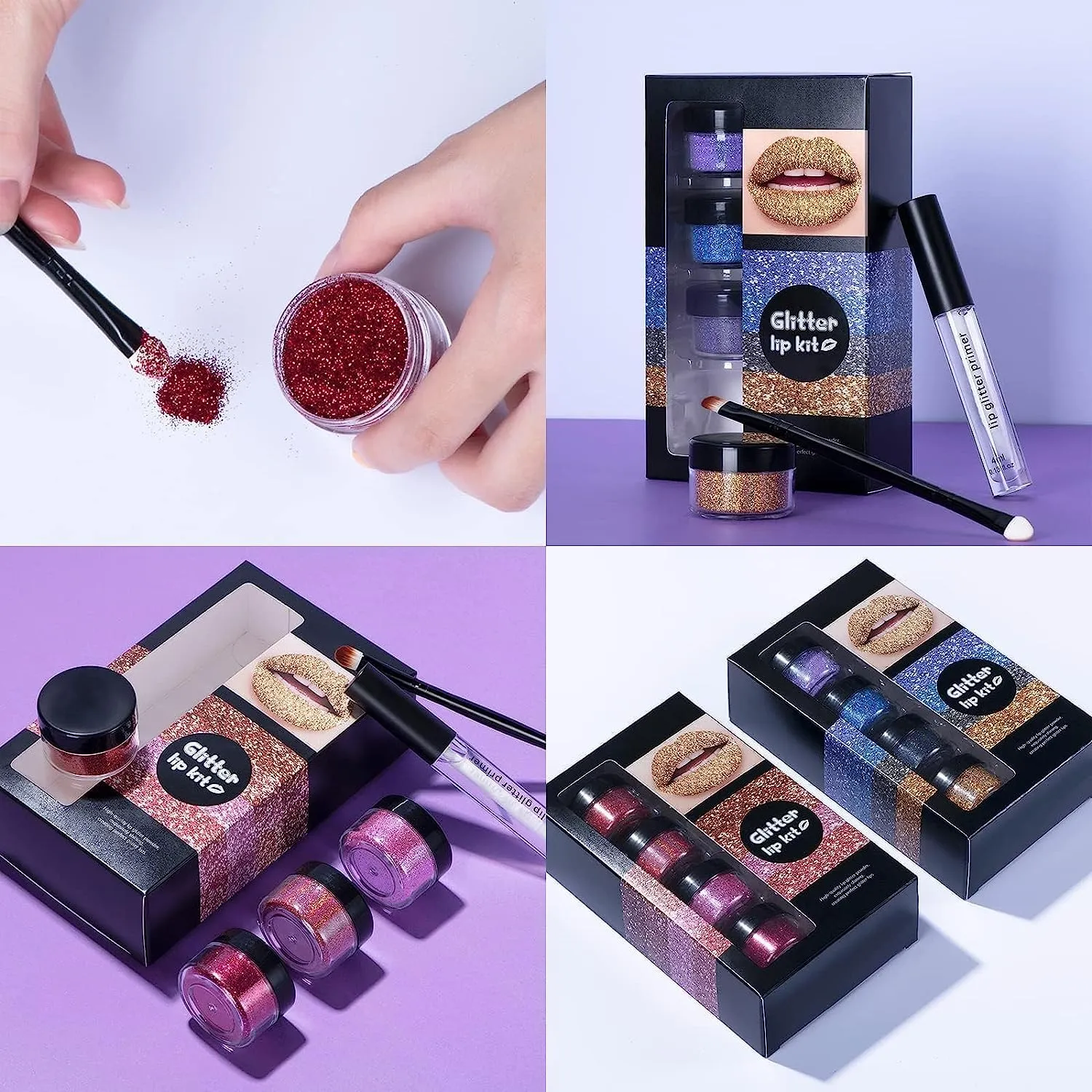 Animakeup Kawaii Kisses Glitter Lip Kit 4 Colors - Blueberry Pie, Metallic & Shiny Diamond Finish with Lip Primer & Brush
