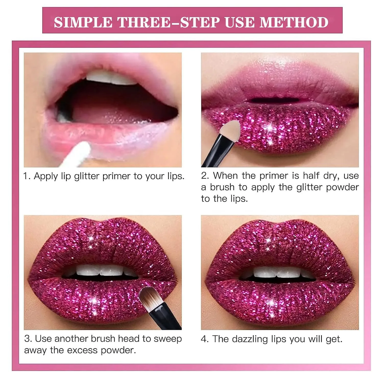 Animakeup Kawaii Kisses Glitter Lip Kit 4 Colors - Blueberry Pie, Metallic & Shiny Diamond Finish with Lip Primer & Brush