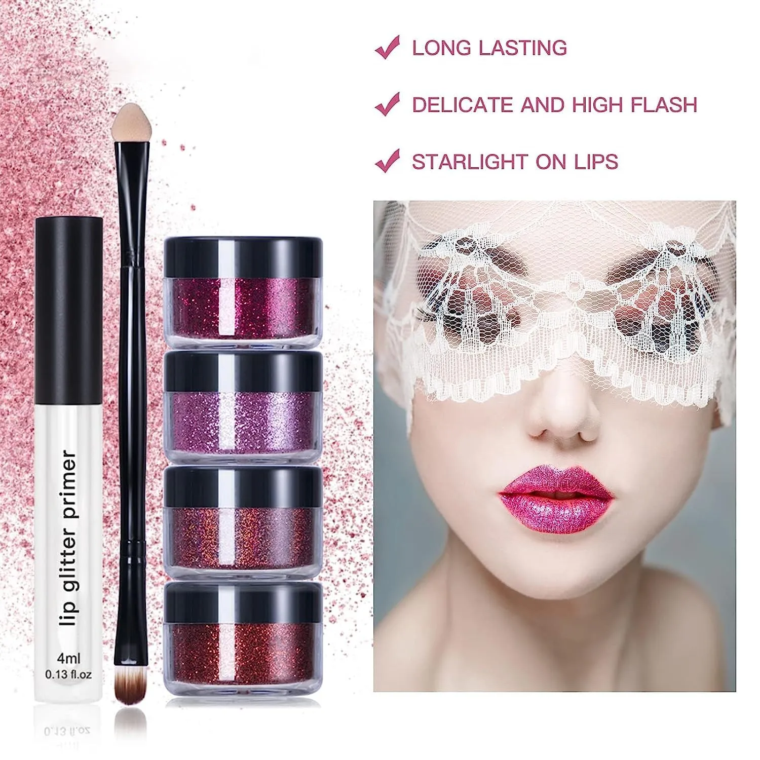 Animakeup Kawaii Kisses Glitter Lip Kit 4 Colors - Blueberry Pie, Metallic & Shiny Diamond Finish with Lip Primer & Brush