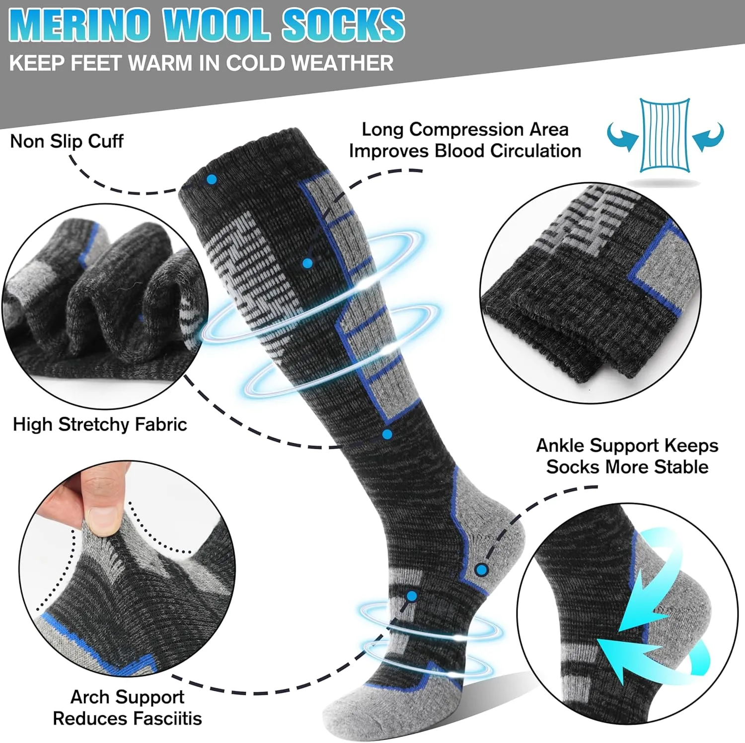 Anlisim 3 Pairs Unisex Merino Wool Ski Thermal Warm Thick Knee High Long Socks