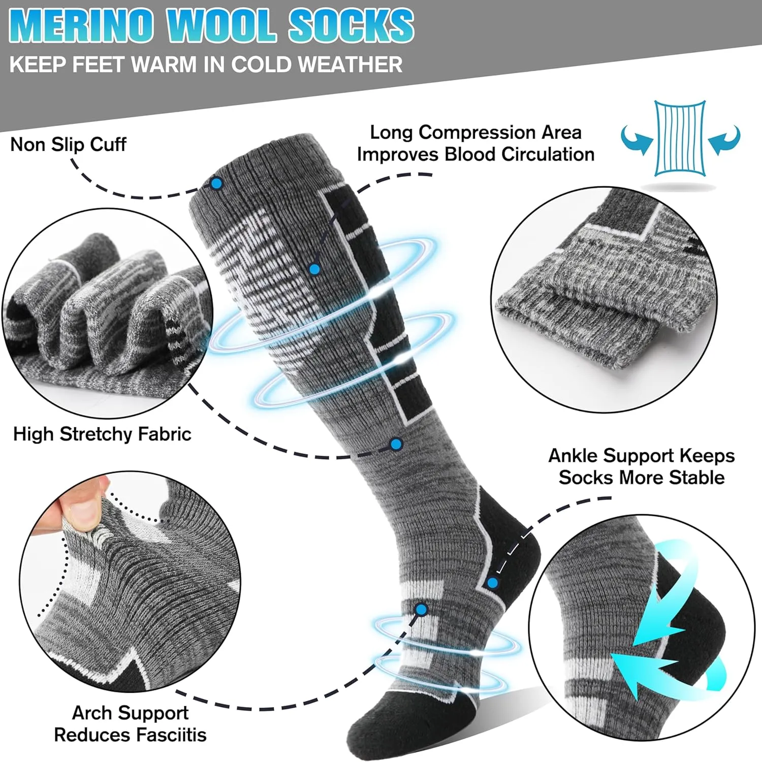 Anlisim 3 Pairs Unisex Merino Wool Ski Thermal Warm Thick Knee High Long Socks