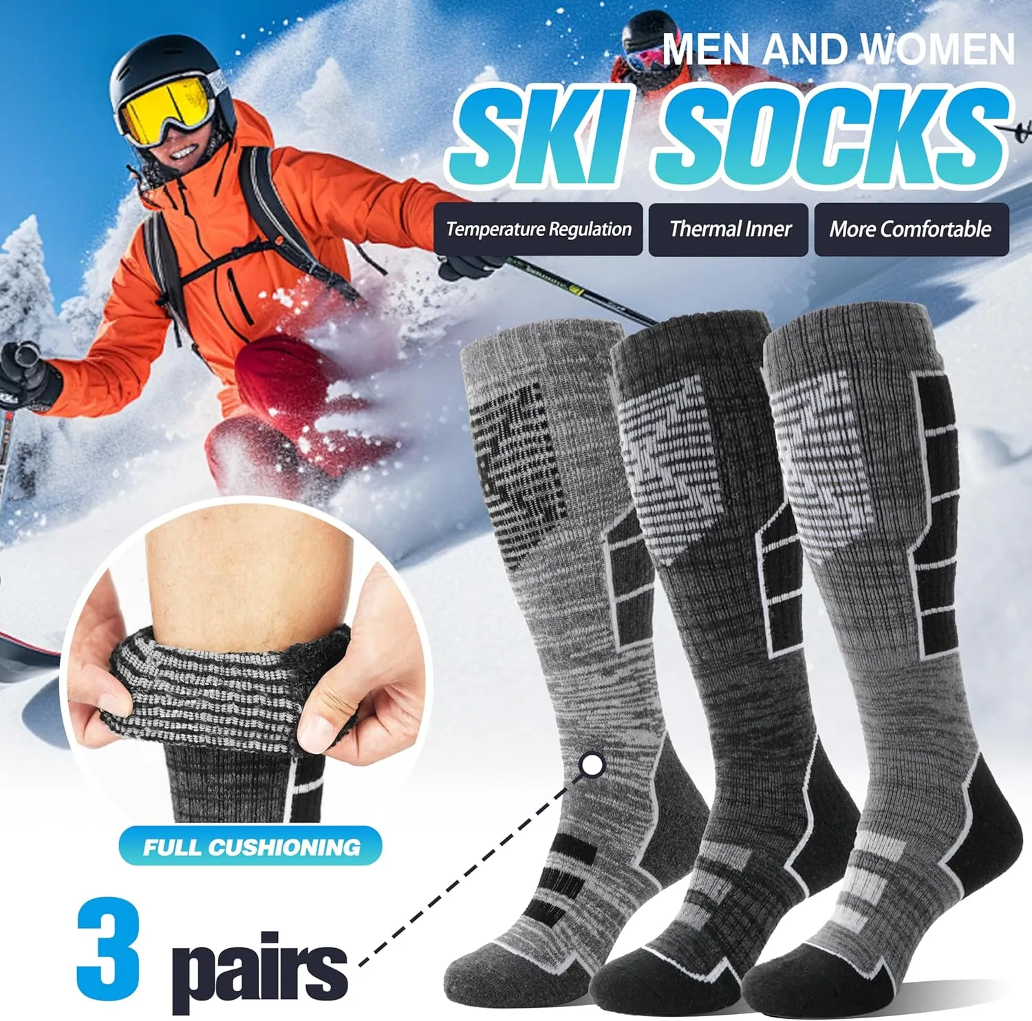 Anlisim 3 Pairs Unisex Merino Wool Ski Thermal Warm Thick Knee High Long Socks