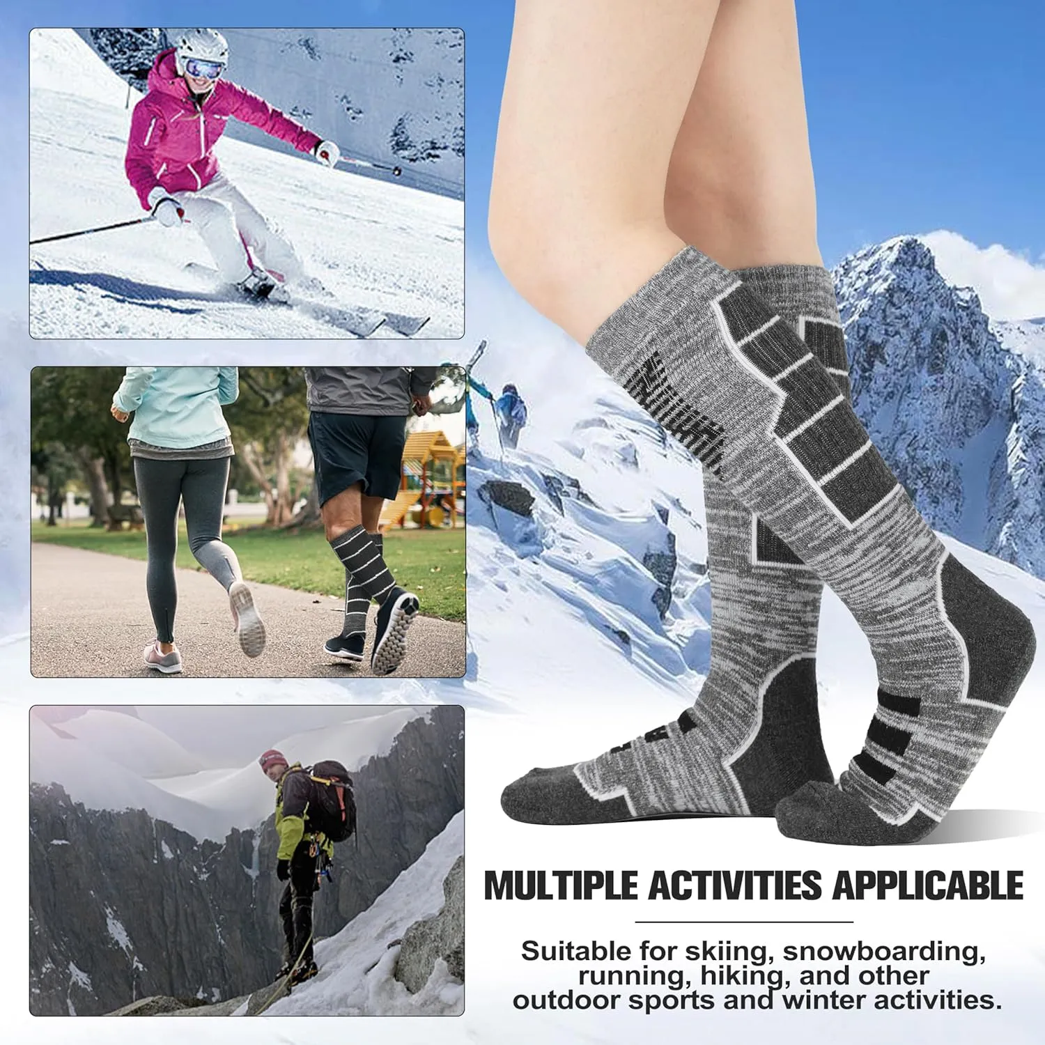 Anlisim 3 Pairs Unisex Merino Wool Ski Thermal Warm Thick Knee High Long Socks