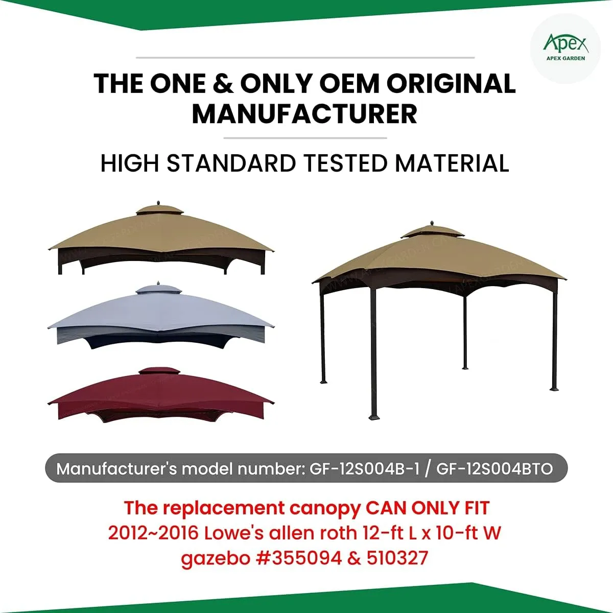 APEX GARDEN Replacement Canopy Top for Lowe's Allen Roth 10X12 Gazebo #GF-12S004B-1