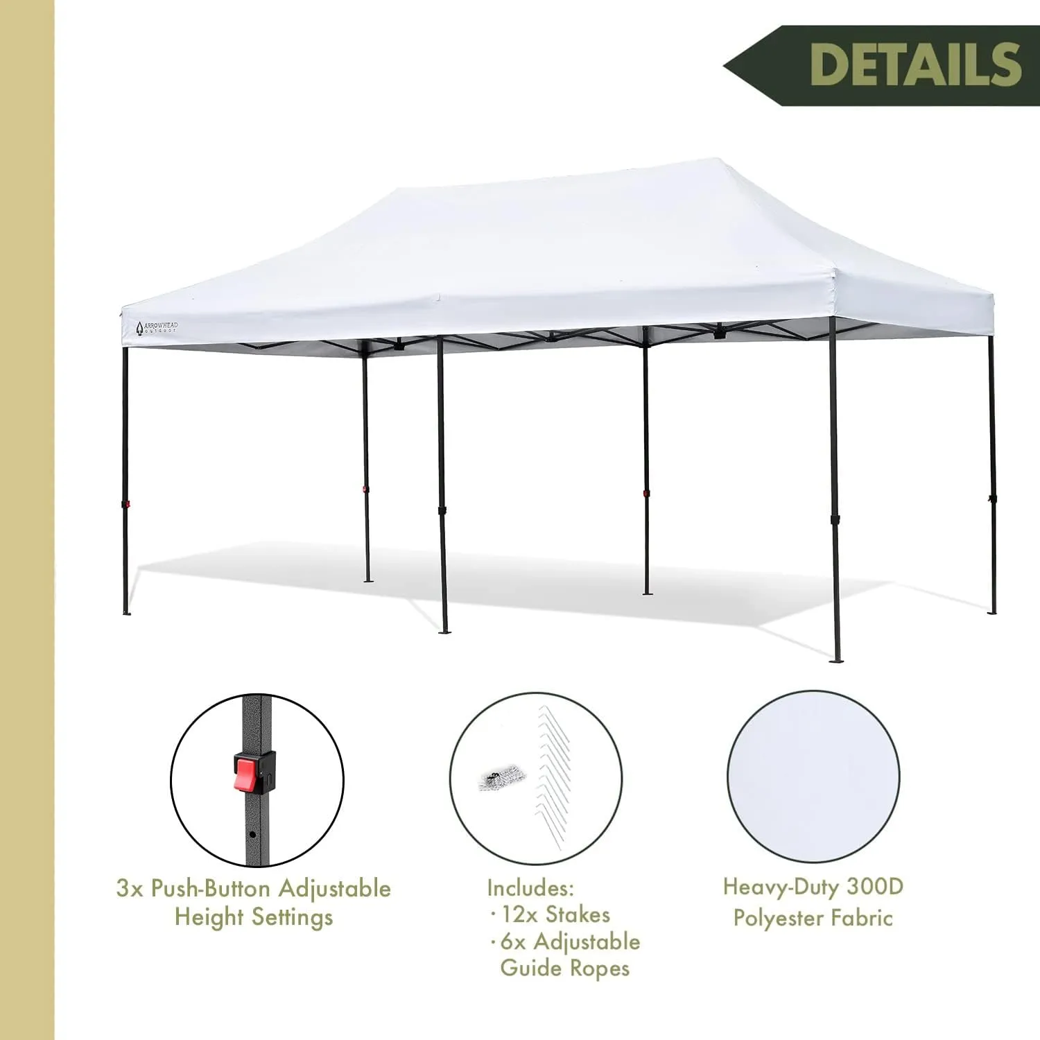 ARROWHEAD OUTDOOR 10’x20’ Heavy-Duty, Pop-Up Canopy & Instant Shelter, Easy One Person Setup, Water UV Resistant 300D Fabric, Wheeled Carry Bag, Guide Ropes Stakes Included, White (KGS0395U)