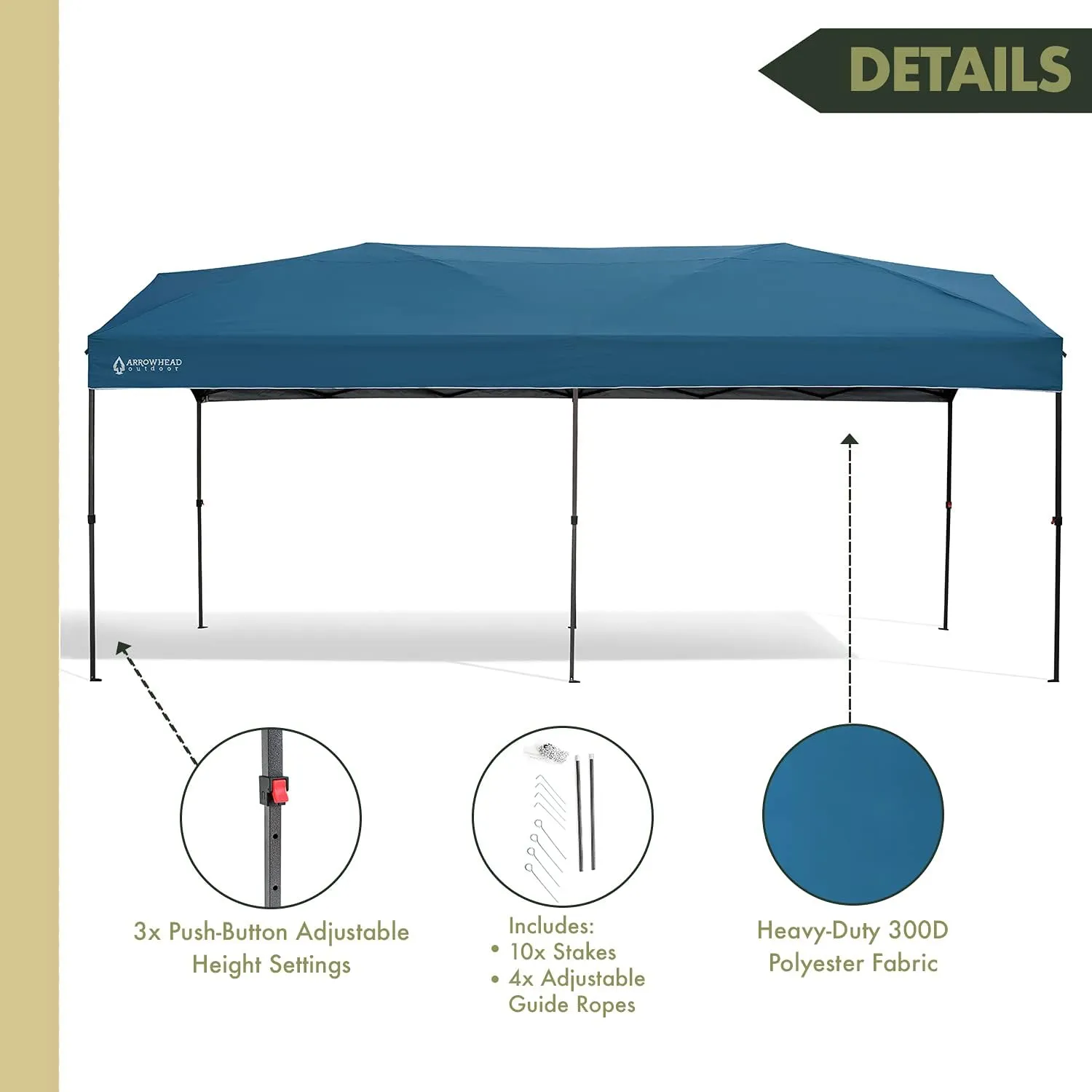 ARROWHEAD OUTDOOR 10’x20’ Pop-Up Canopy & Instant Shelter, Easy One Person Setup, Water UV Resistant 300D Fabric Construction, Wheeled Carry Bag, Guide Ropes Stakes Included, Blue (KGS0391U)
