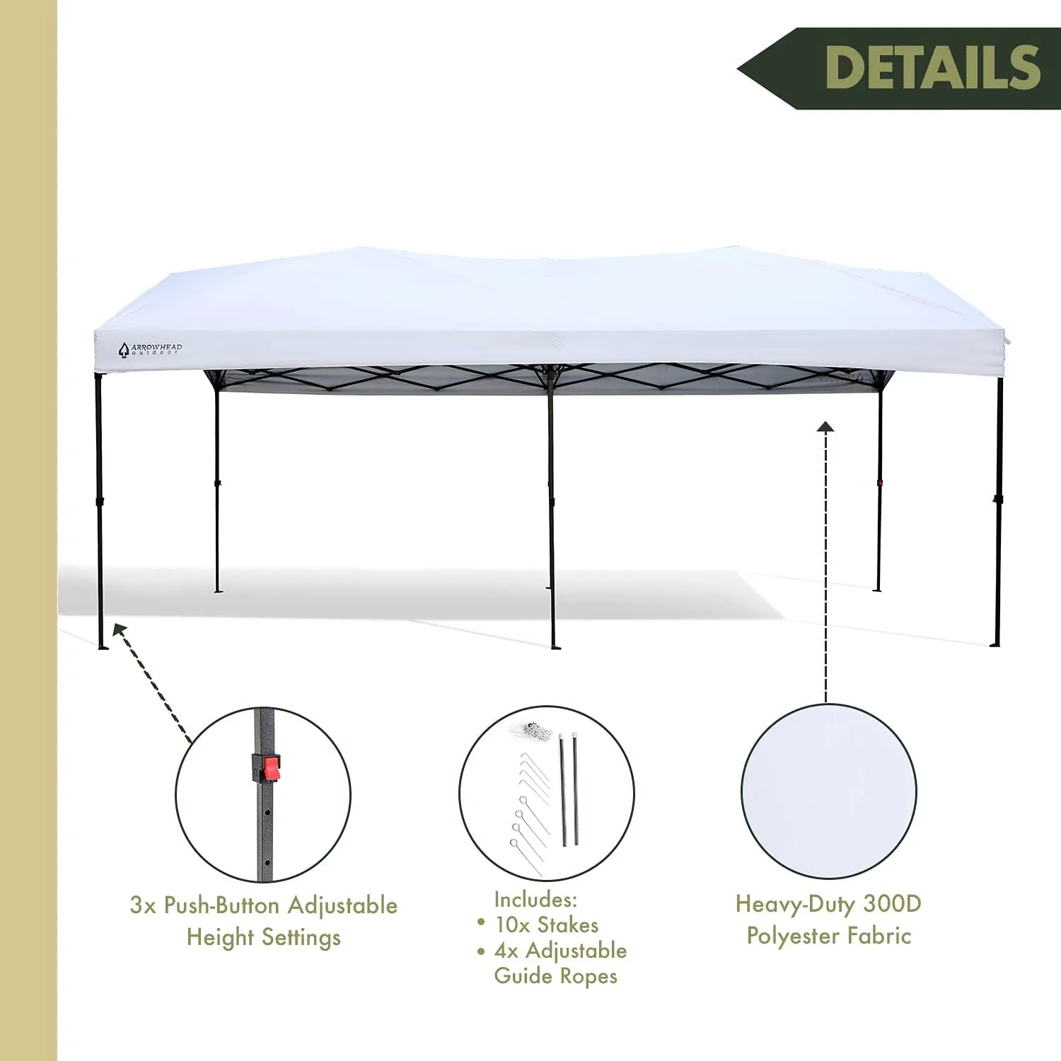 ARROWHEAD OUTDOOR 10’x20’ Pop-Up Canopy & Instant Shelter, Water & UV Resistant 300D Fabric Construction, Adjustable Height, Wheeled Carry Bag, Guide Rope & Stakes Included, White v2 (New) (KGS0390U)
