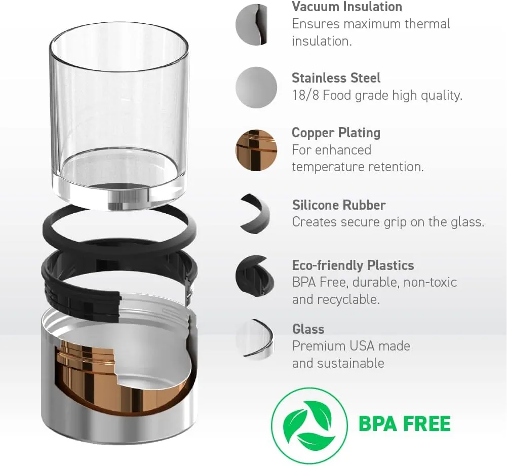 asobu Whiskey Glass with Insulated Stainless Steel Sleeve, 10.5 ounces (Black)