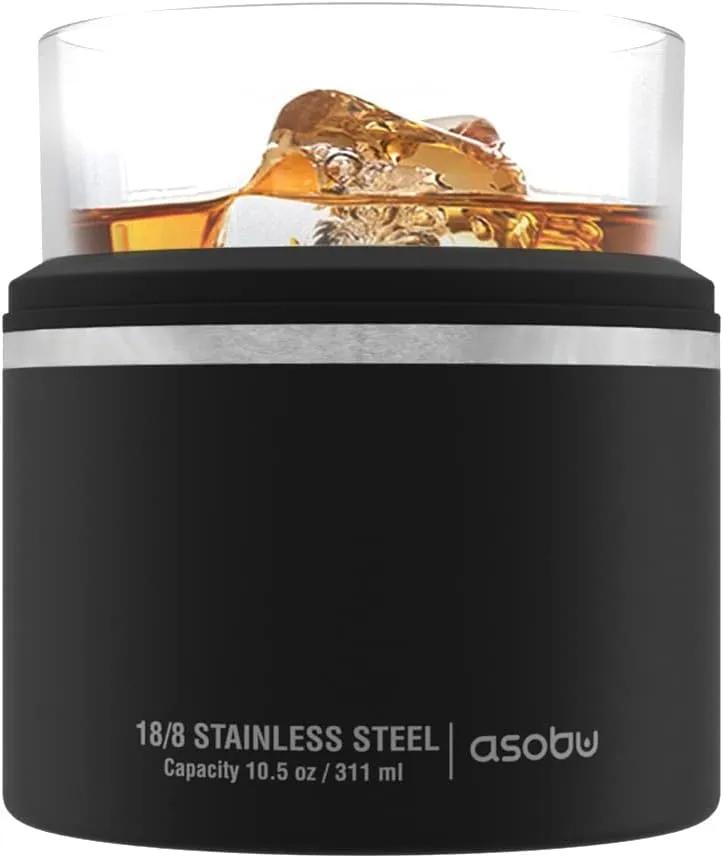 asobu Whiskey Glass with Insulated Stainless Steel Sleeve, 10.5 ounces (Black)