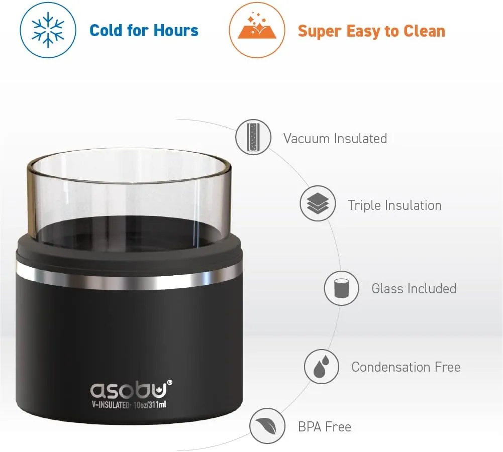 asobu Whiskey Glass with Insulated Stainless Steel Sleeve, 10.5 ounces (Black)