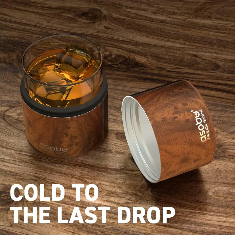 asobu Whiskey Glass with Insulated Stainless Steel Sleeve, 10.5 ounces (Natural Wood)