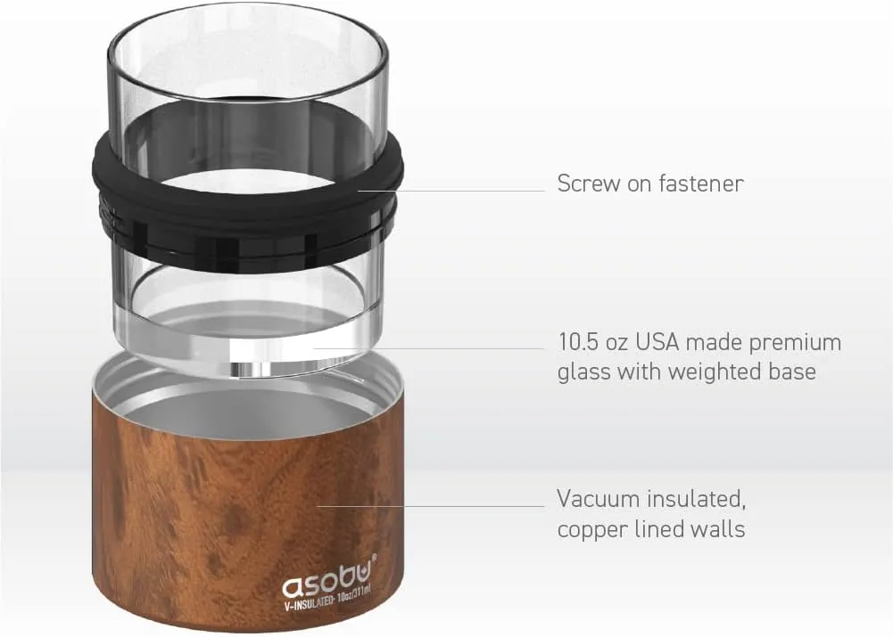 asobu Whiskey Glass with Insulated Stainless Steel Sleeve, 10.5 ounces (Natural Wood)