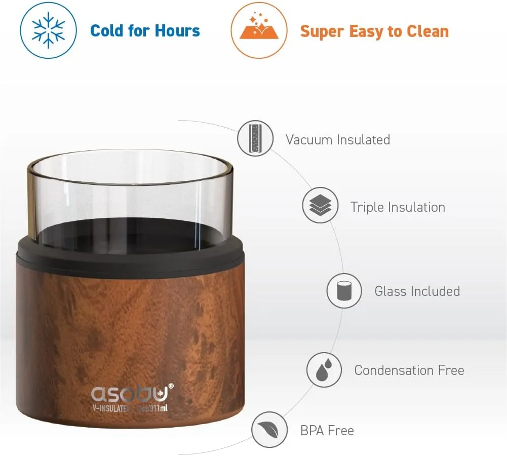 asobu Whiskey Glass with Insulated Stainless Steel Sleeve, 10.5 ounces (Natural Wood)