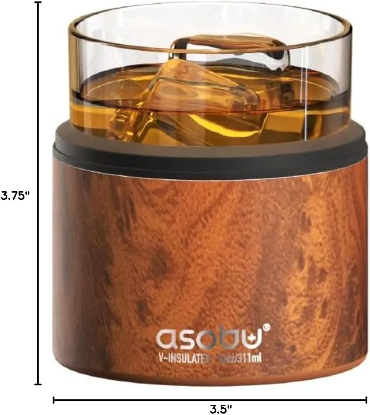 asobu Whiskey Glass with Insulated Stainless Steel Sleeve, 10.5 ounces (Natural Wood)