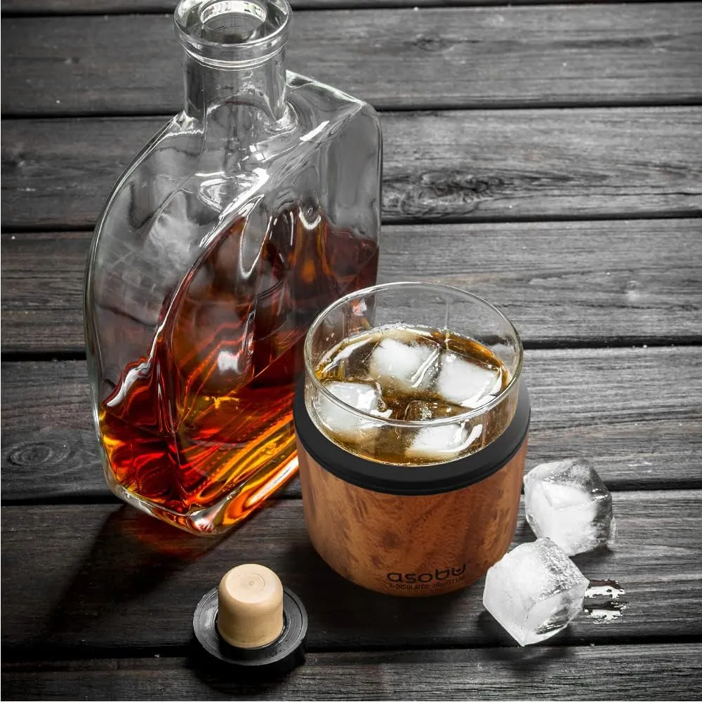 asobu Whiskey Glass with Insulated Stainless Steel Sleeve, 10.5 ounces (Natural Wood)