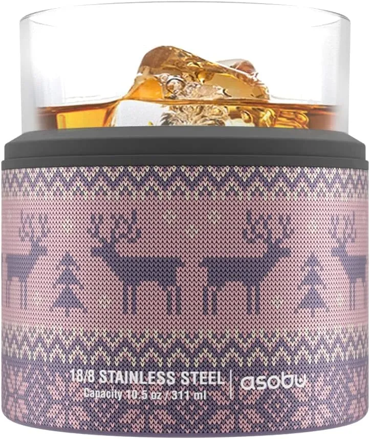 asobu Whiskey Glass with Insulated Stainless Steel Sleeve, 10.5 ounces (Pink Sweater)