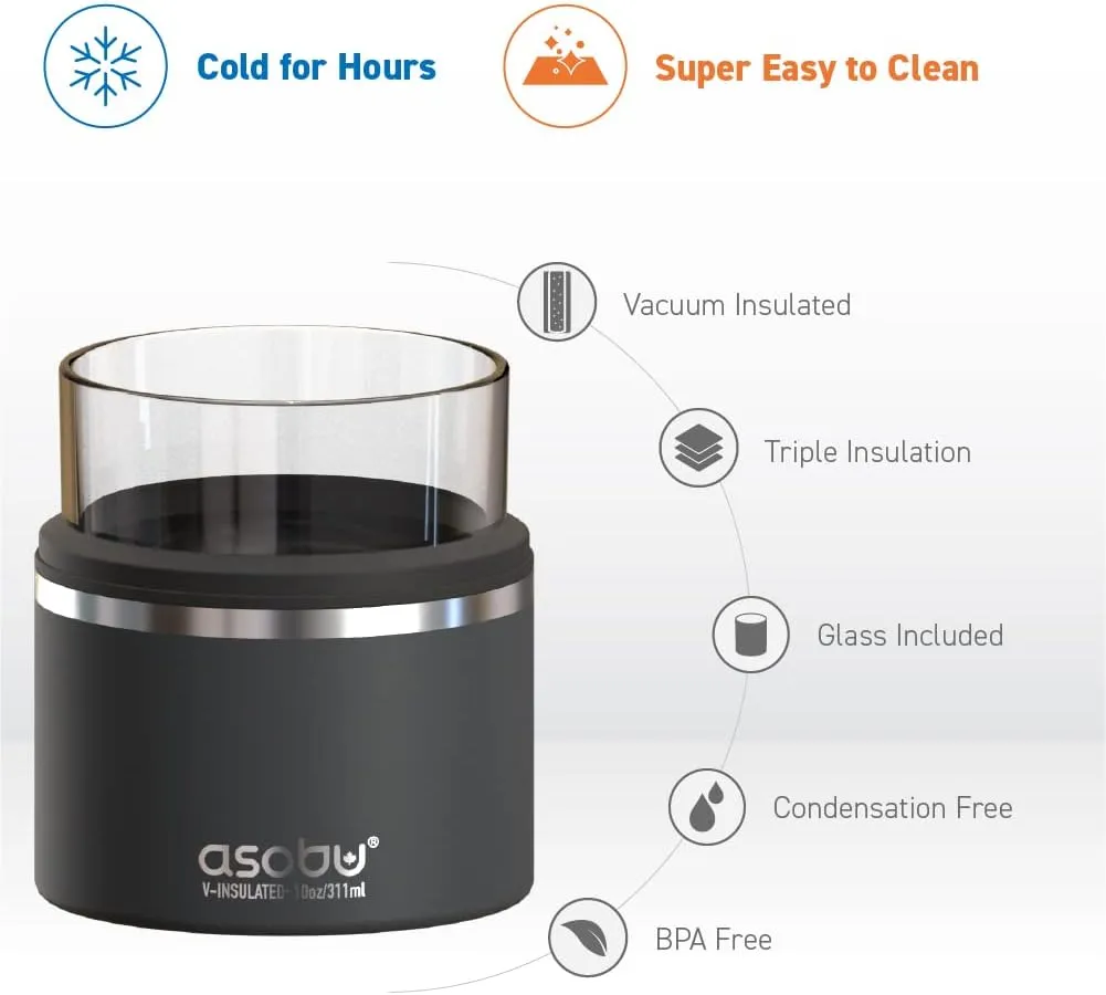 asobu Whiskey Glass with Insulated Stainless Steel Sleeve, 10.5 ounces (Smoke)