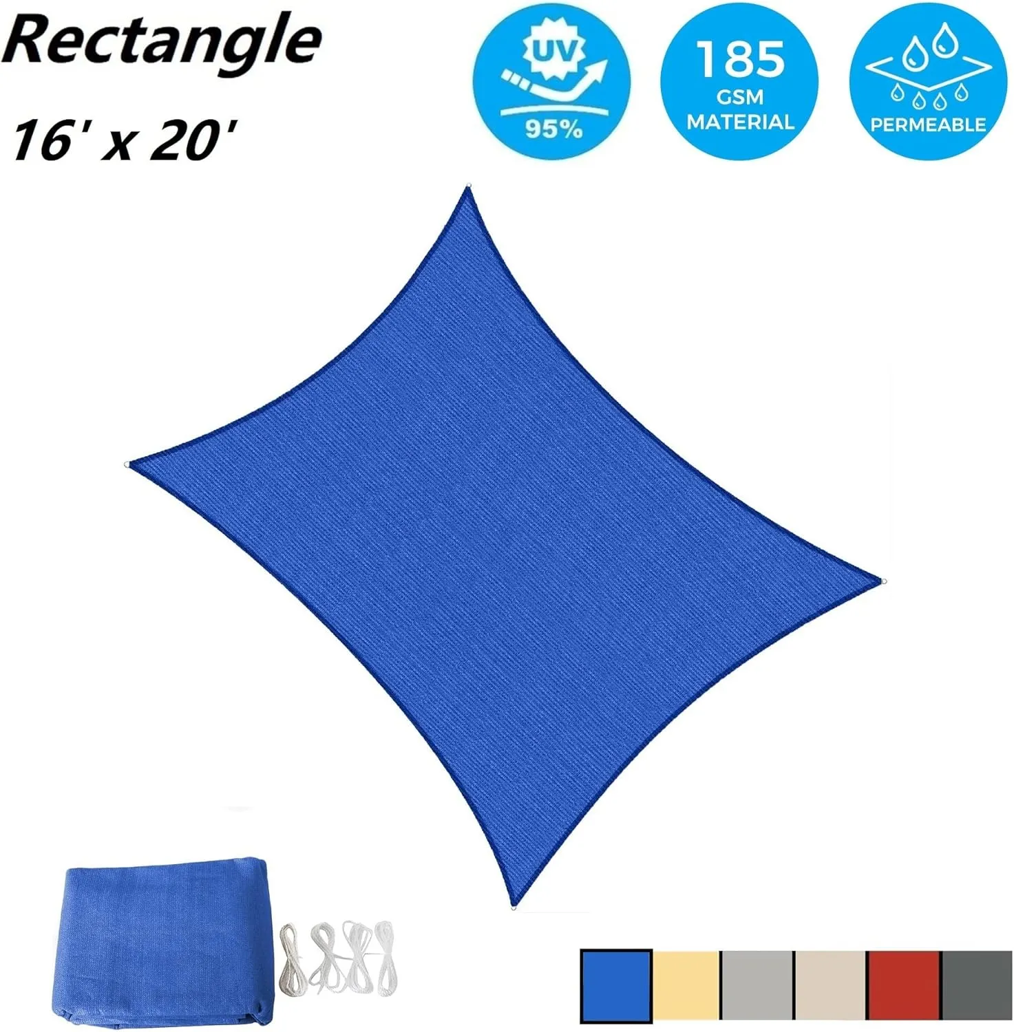 AsterOutdoor Sun Shade Sail Rectangle 16' x 20' UV Block Canopy for Patio Backyard Lawn Garden Outdoor Activities, Blue