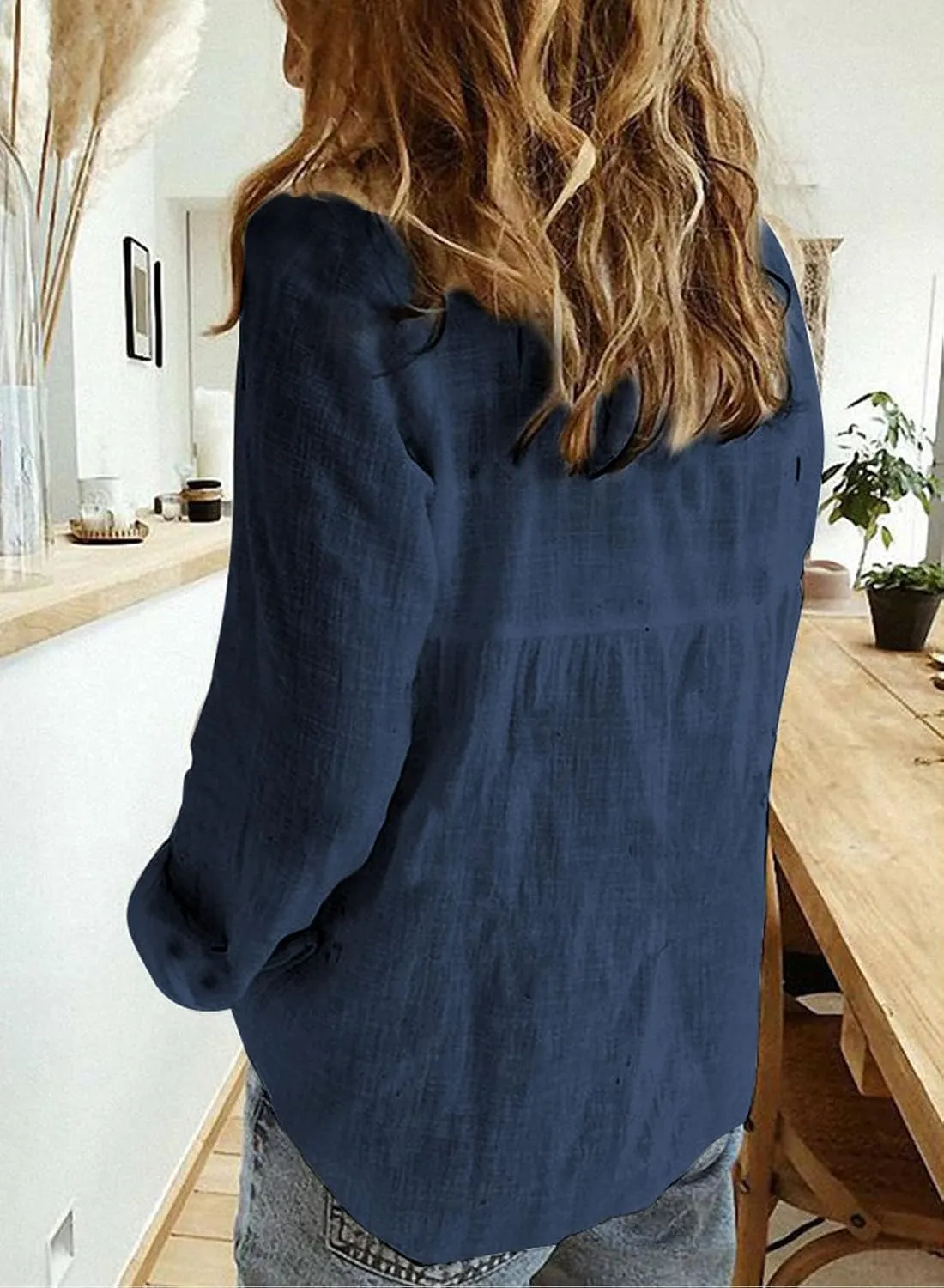 Astylish Womens V Neck Roll up Sleeve Button Down Blouses Tops