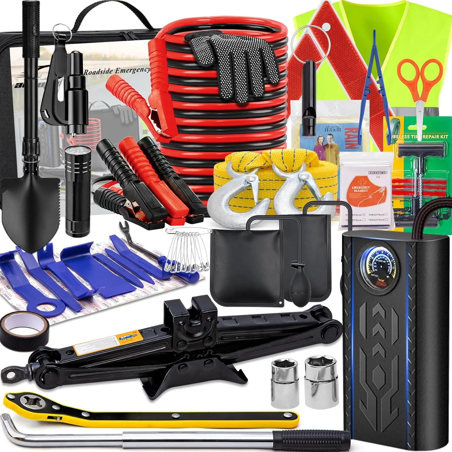 AUTODECO Car Emergency Roadside kit with Jumper Cables Air Wedge Bag Pump