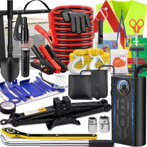 AUTODECO Car Emergency Roadside kit with Jumper Cables Air Wedge Bag Pump