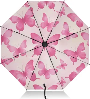 Automatic Folding Umbrella for Rain, Butterflies Pink Travel Umbrella UV Protection Large Windproof Inverted Umbrella with Cover Bag, 8 Ribs
