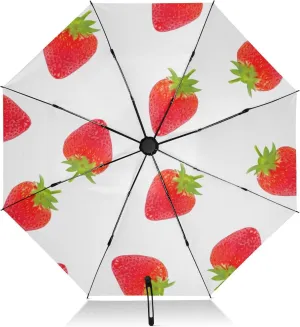 Automatic Folding Umbrella for Rain, Strawberry Red White Travel Umbrella UV Protection Large Windproof Inverted Umbrella with Cover Bag, 8 Ribs