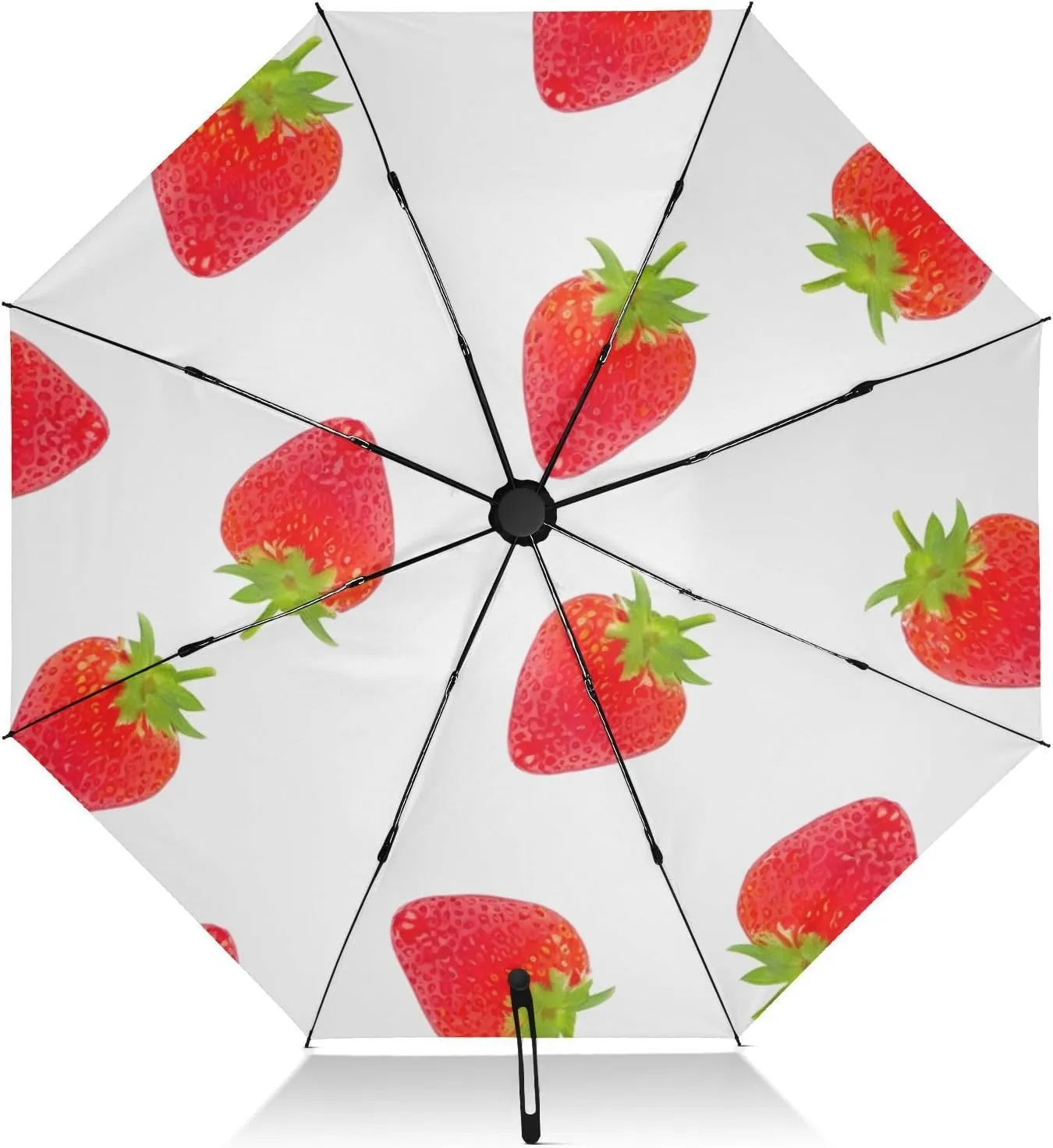 Automatic Folding Umbrella for Rain, Strawberry Red White Travel Umbrella UV Protection Large Windproof Inverted Umbrella with Cover Bag, 8 Ribs