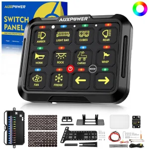 Auxpower RGB 12 Gang Switch Panel with 3 Modes (Toggle, Momentary, Pulsed) Push Button Actuator Manual Control Panel Automatic Dimmable Switch Pod Waterproof for Boat Truck Car RV Offroad