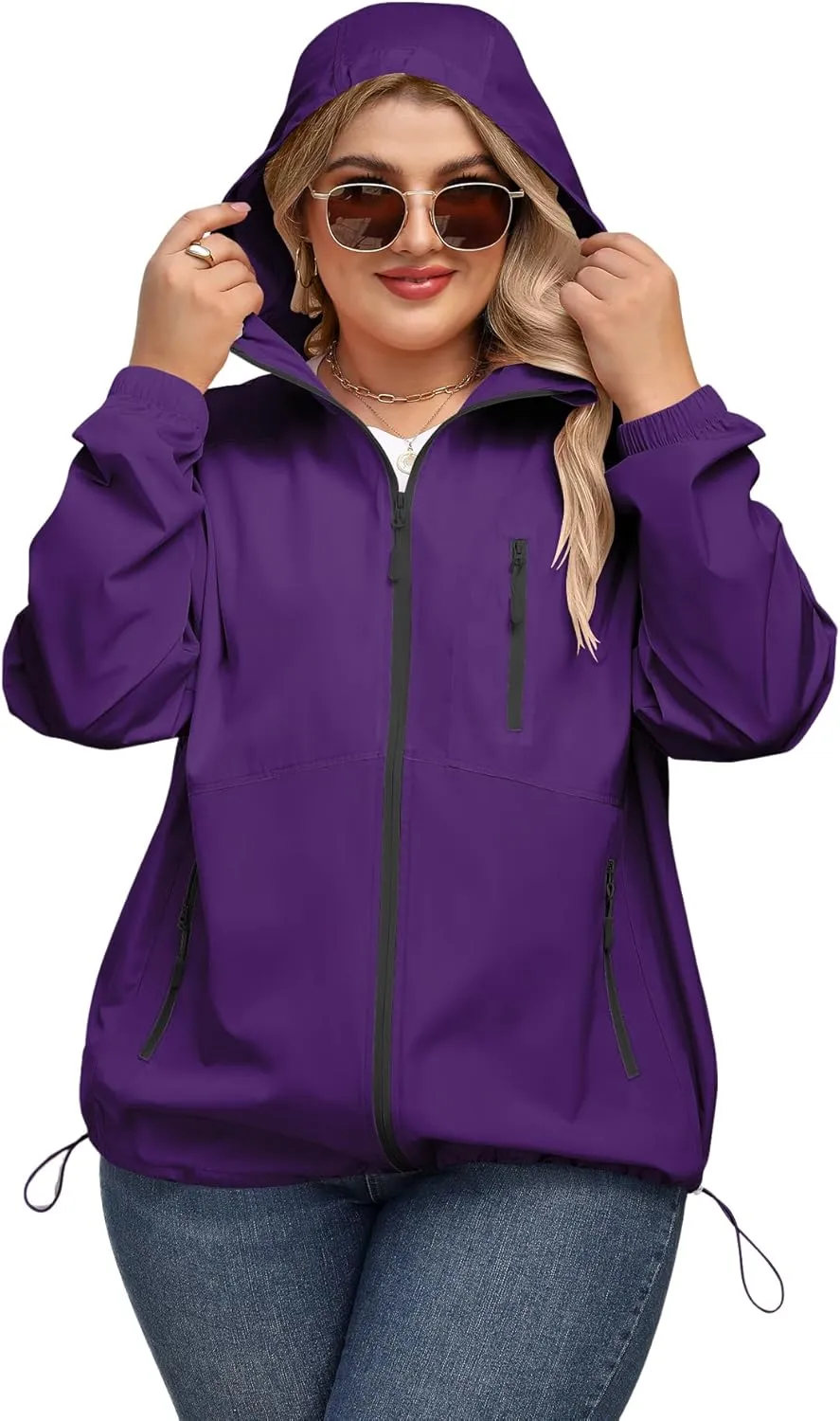 Avoogue Plus Size Womens Rain Jacket with Hood Waterproof Raincoats Lightweight Packable Outdoor Trench Coat XL-5XL