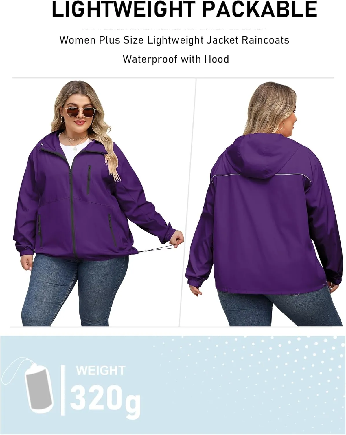 Avoogue Plus Size Womens Rain Jacket with Hood Waterproof Raincoats Lightweight Packable Outdoor Trench Coat XL-5XL