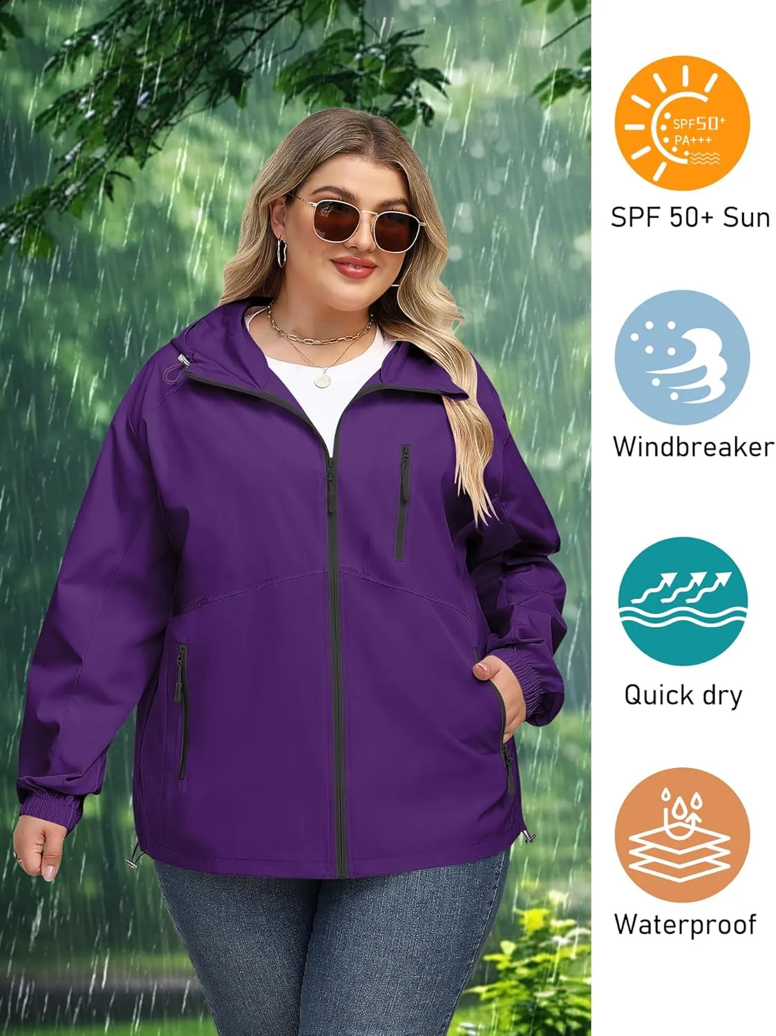 Avoogue Plus Size Womens Rain Jacket with Hood Waterproof Raincoats Lightweight Packable Outdoor Trench Coat XL-5XL