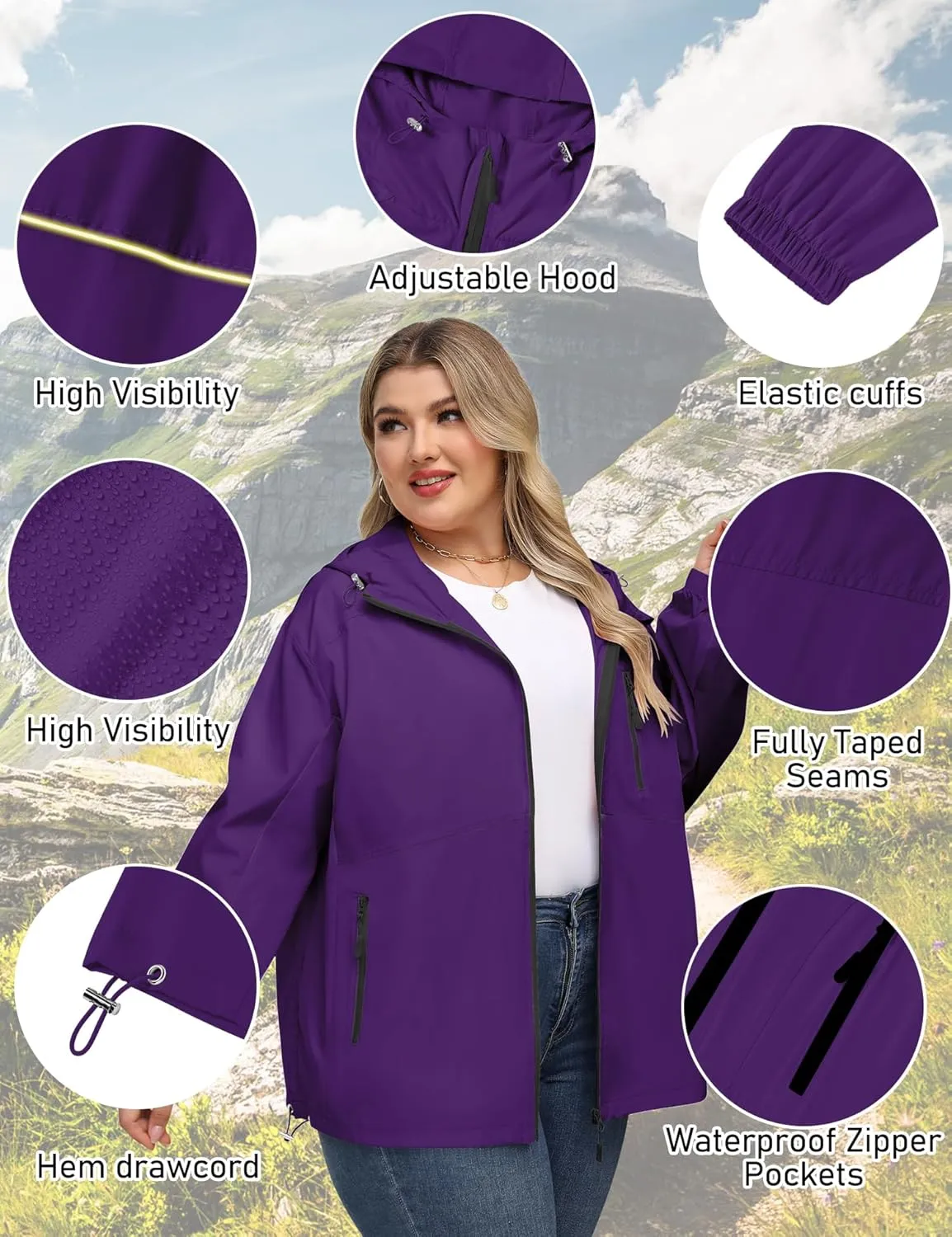 Avoogue Plus Size Womens Rain Jacket with Hood Waterproof Raincoats Lightweight Packable Outdoor Trench Coat XL-5XL