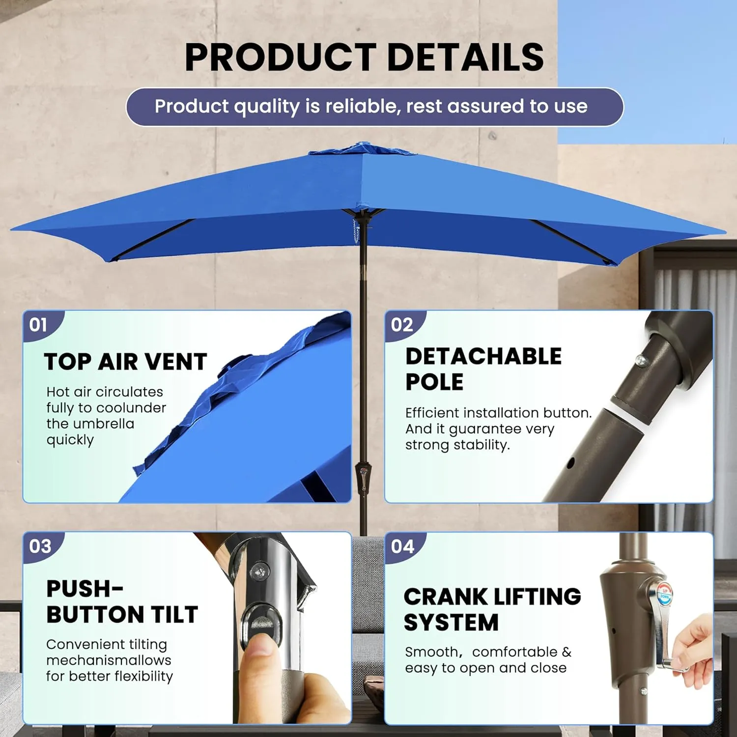 Ayge 6.5x10FT Rectangular Patio Umbrella Outdoor Table Umbrella w/Push Button Tilt & Crank Rectangle Market Umbrella UV Protection for Garden,Deck,Lawn,Yard & Pool