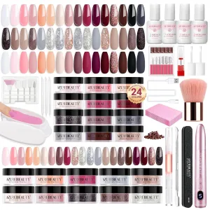 AZUREBEAUTY Dip Powder Nail Kit with Electric Nail Drill, 24 Colors Nude Pink Glitter Nail Powder Starter Kit with Dip Liquids Base Top Coat Activator Portable Manicure French Nail Art Essential Set
