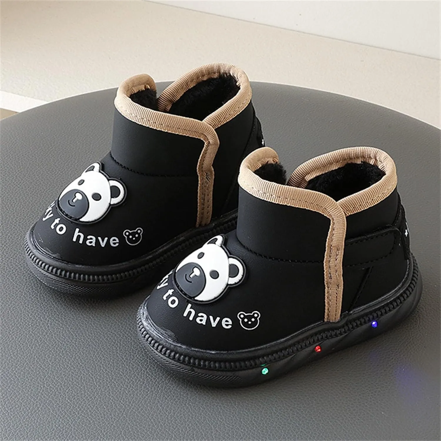 Baby Infant Boys Girls Booties Bear Light Up Glitter Fuzzy Shoes Boots Winter Outdoor First Walking Non Slip Shoes