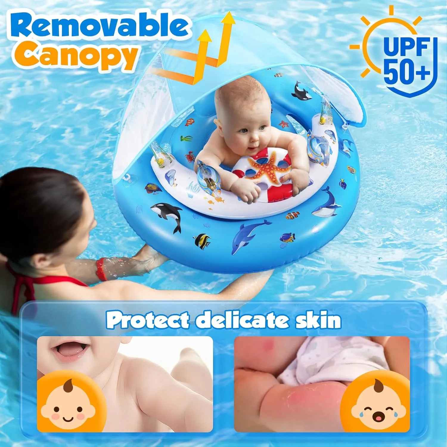 Baby Pool Float with Canopy UPF50  Sun Protection, Inflatable Kids Pool Floats with Toy Play Console for Baby 6-36 Months, Infant Swimming Float with Adjustable Safety Seat for Boys Girls