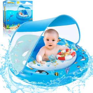 Baby Pool Float with Canopy UPF50  Sun Protection, Inflatable Kids Pool Floats with Toy Play Console for Baby 6-36 Months, Infant Swimming Float with Adjustable Safety Seat for Boys Girls