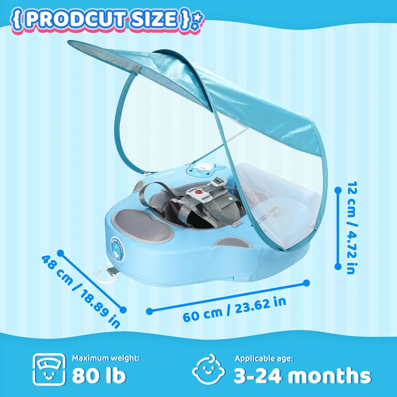 Baby Swim Float with UV Protection Sunshade Infant Pool Float Add Tail for 3-24 Months