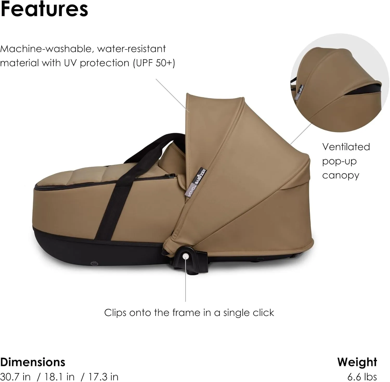 Babyzen YOYO 0  Bassinet, Toffee - Includes Thick Double Mattress, Ventilated Shell & Canopy - Requires YOYO2 Frame (Sold Separately)